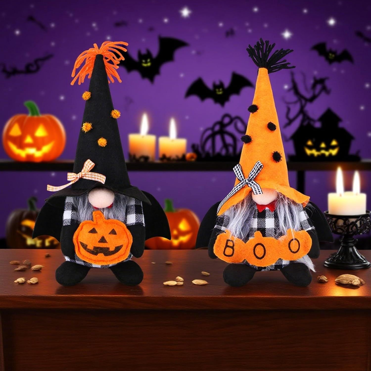 2 PCS Halloween Gnomes Plush Decor,Handmade Pumpkin Bat Ornaments Swedish Tomte Gnome Nisse Scandinavian Ornaments Elf Dwarf for Home Halloween Day Party Table Decorations