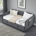 thumbnail image 3 of Tcbosik Twin Size Upholstered Daybed with Trundle, Linen Fabric Sofa Bed with Side Pocket and 2 Storage Drawers, Wood Bed Frame for Home Office, Space Saving, Dark Gray, 3 of 11