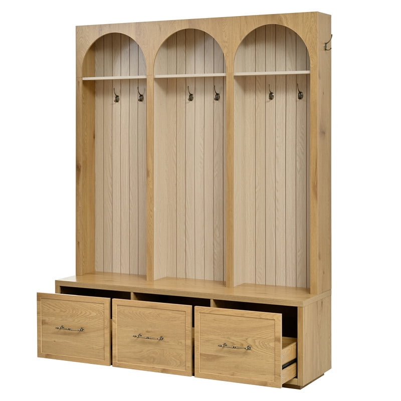 Farmhouse Arched Design Hall Tree with Retro Hooks, Entryway Seating Bench with 3 Storage Drawers, Elegant Coat Rack for Living Room