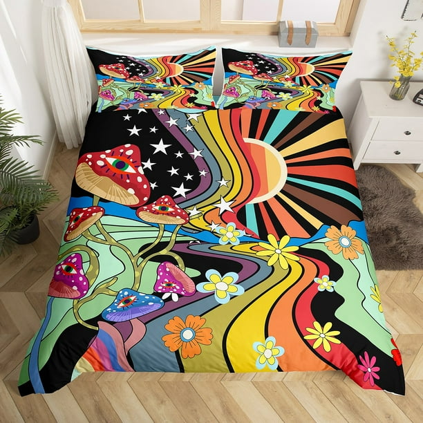 YST Trippy Mushroom Bedding Sets King Groovy Floral Comforter Cover