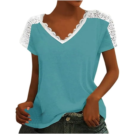 qILAKOG Womens Tops Casual V Neck Short Sleeve Solid Color Basic Lace T Shirt Yoga Shirts Summer Tops Dressy Trendy Loose Fit Running Athletic Workout Shirts Pullover Plus Size S-XL Tops for Leggings