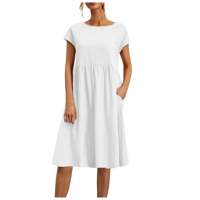 Vestido de algodón y lino con corte en A para mujer 2025 - Cuello redondo, tallas grandes, corte holgado, ropa informal de oficina para verano