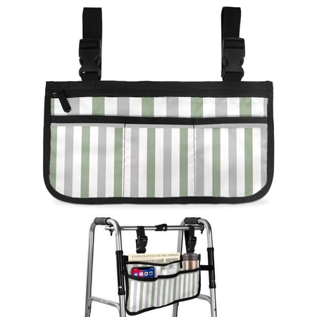 Sage Green Grey Stripe Wheelchair Side Bag Walk Bag Basket, Modern Farmhouse Vertical Striped Wheelchair Accessories Armrest Pouch, Organizer Storage Bags for Walkers, Rollators, Scooters, 7.3"x13"