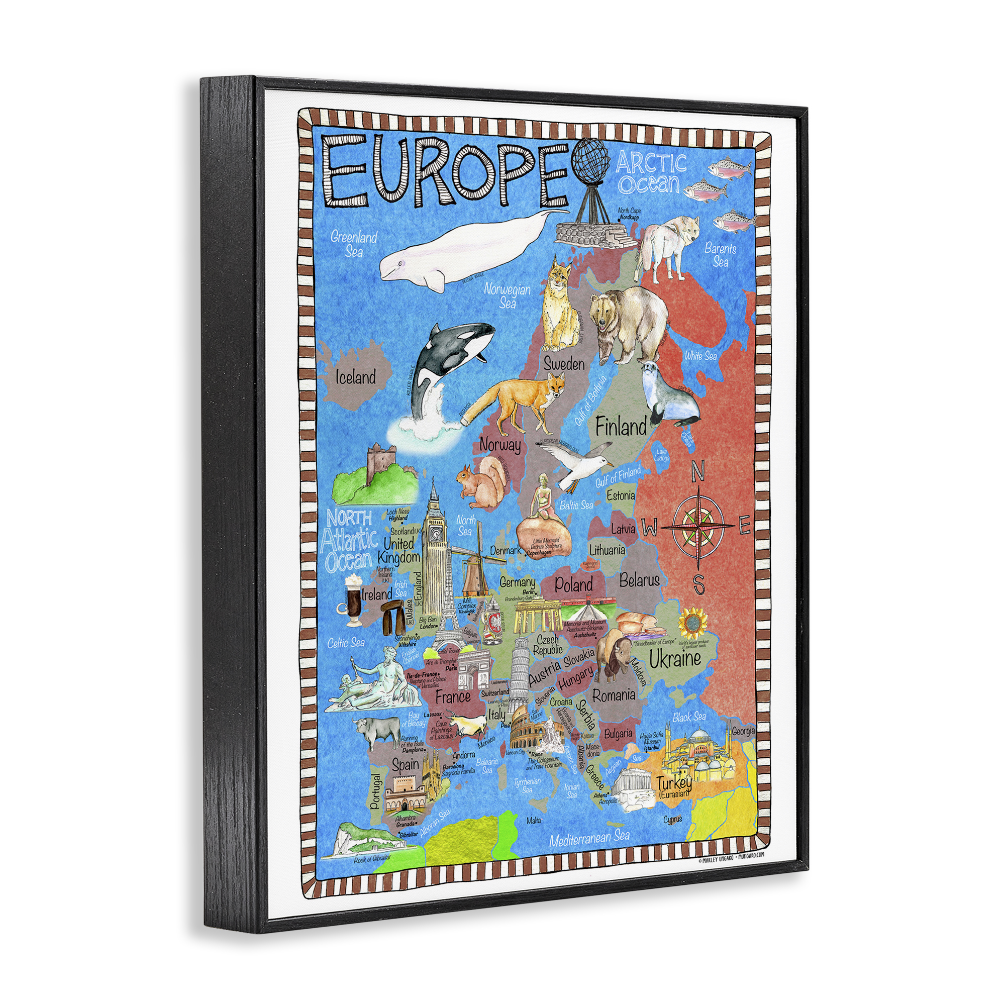 Stupell Industries Europe Animal Map Travel & Places Painting Black Framed Art Print Wall Art, 16 x 20