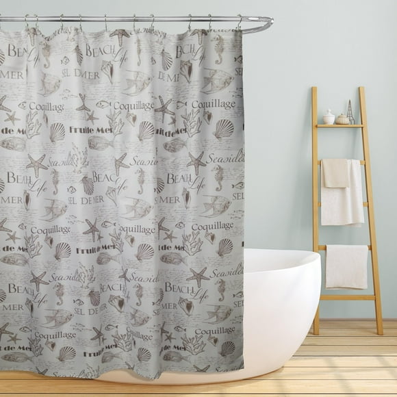 Printed Canvas Shower Curtain Beach Life & Seashells Print Polyester Bathroom Decor Beatiful Nautical Design 70" x 70" Shelley