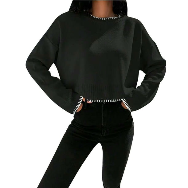 Suéter de cuello redondo para mujer, jersey informal de cuello redondo y manga larga, camisa de punto, abrigo para mujer