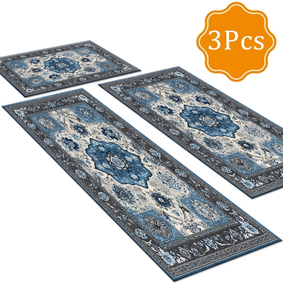 BlueDreamer Kitchen Rugs 3Pcs, Non Slip Kitchen Mats for Floor Waterproof & Stain Resistant Carpet Area Rug for Kitchen, Laundry Room, Hallway