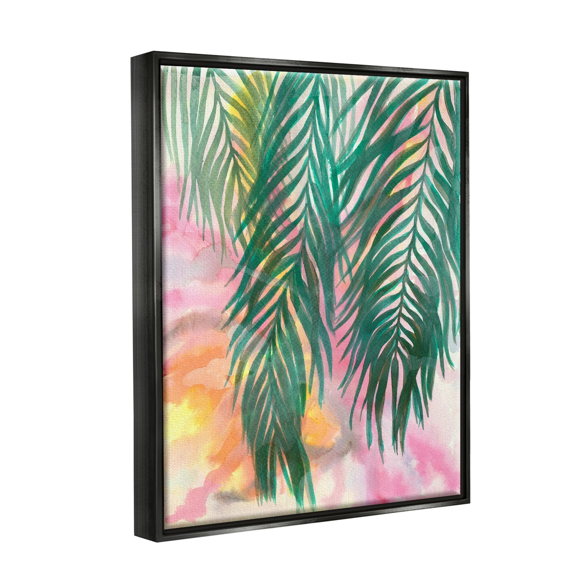 Stupell Industries Hanging Palms Tropical Plant Pink Watercolor Effect Painting Metallic Gold Floating Framed Canvas Print Wall Art, Design by Elvira Errico