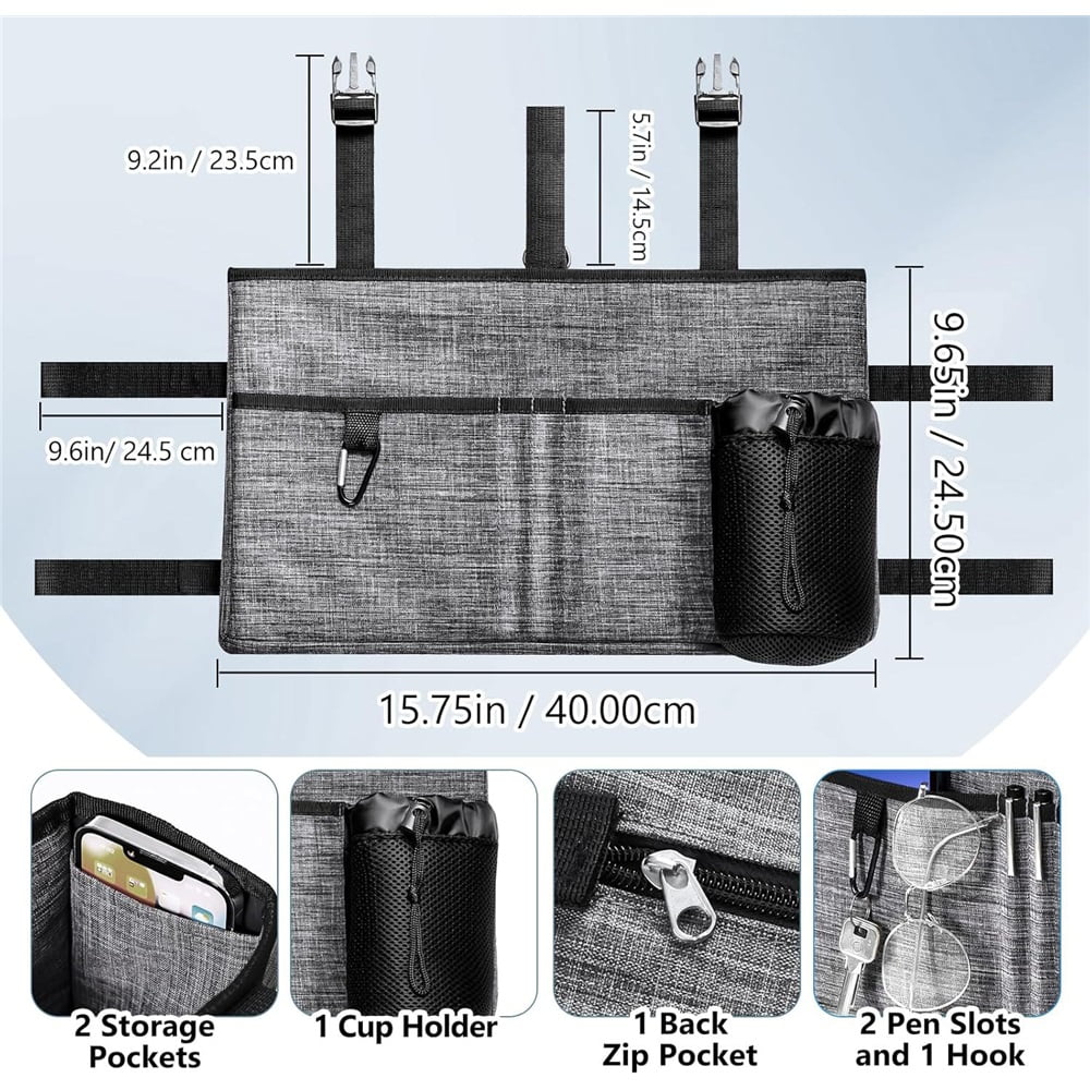 Yl-YANG Multi Pockets Folding Basket Tote Bag with Cup Holder, Hand-free Carry Pouch Storage Bag for Universal Walkers, Large Capacity Organizer for Seniors Elderly, Gray（oniy bag）