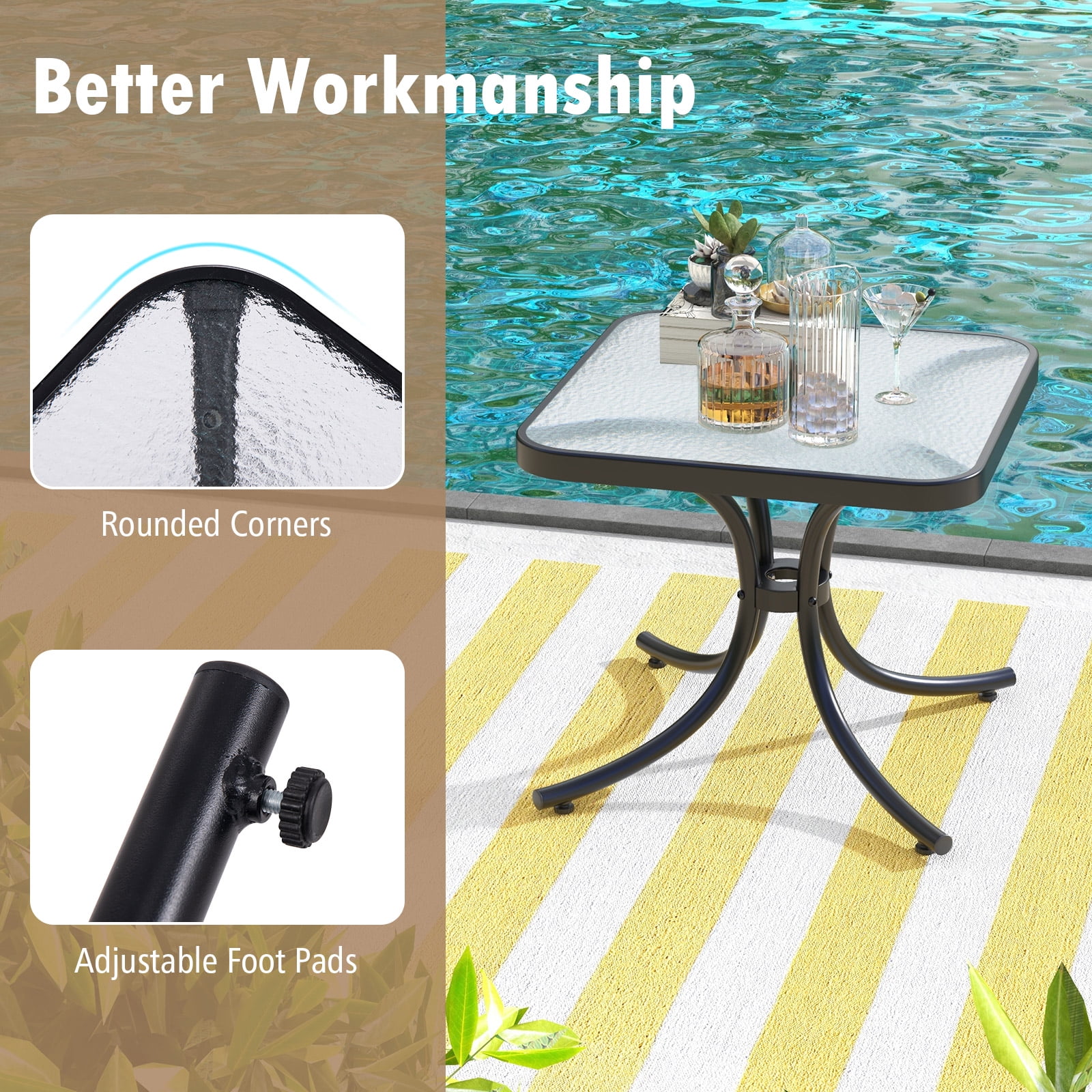 BLACK JAGUAR Tempered Glass Top Patio Table, 20" Outdoor Side Table w/ Heavy-duty Metal Frame Patio Square End Table