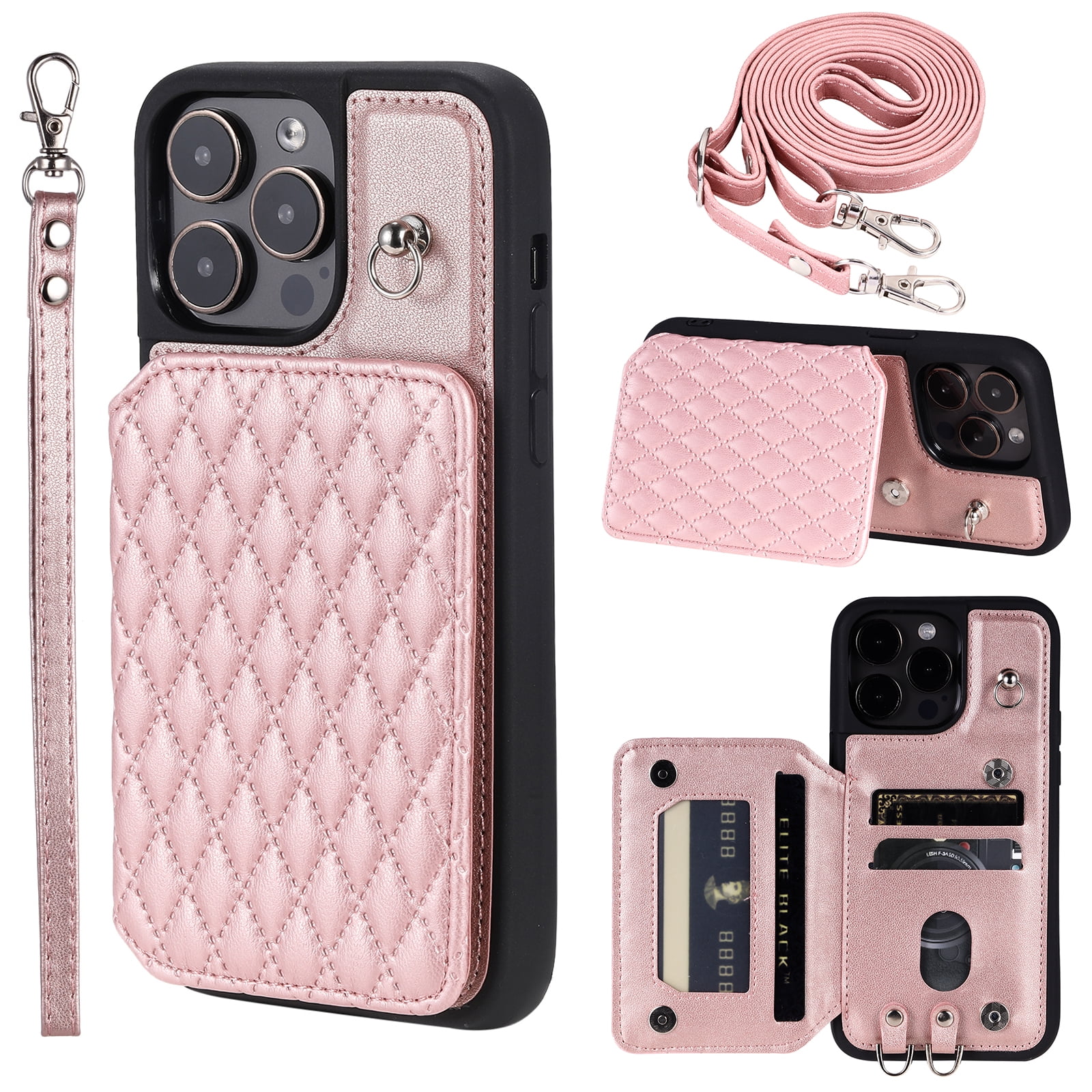 Compatible with iPhone 15 Pro Max Wallet Case, PU Leather with Card Holder  Kickstand Removable Shoulder Strap & Lanyard Case Protective Back Case Cover  for iPhone 15 Pro Max, Rosegold 