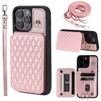 Elegant Crossbody Strap Wallet Case for Apple iPhone 15 Pro with Card Holder, Shockproof Purse Magnetic Closure Phone Cover with Wrist Strap for iPhone 15 Pro - Rosegold