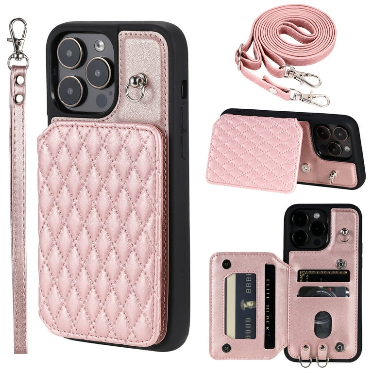 Compatible with iPhone 15 Pro Max Wallet Case, PU Leather with Card Holder  Kickstand Removable Shoulder Strap & Lanyard Case Protective Back Case