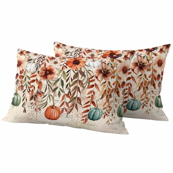 Orange Teal Fall Pumpkins Outdoor Waterproof Pillow Covers, Weeping Botanical Thanksgiving Vintage Decorative Rectangle Throw Pillowcase Sofa Cushion Sham for Patio/Couch/Chair, 20"x12" 2 Pack
