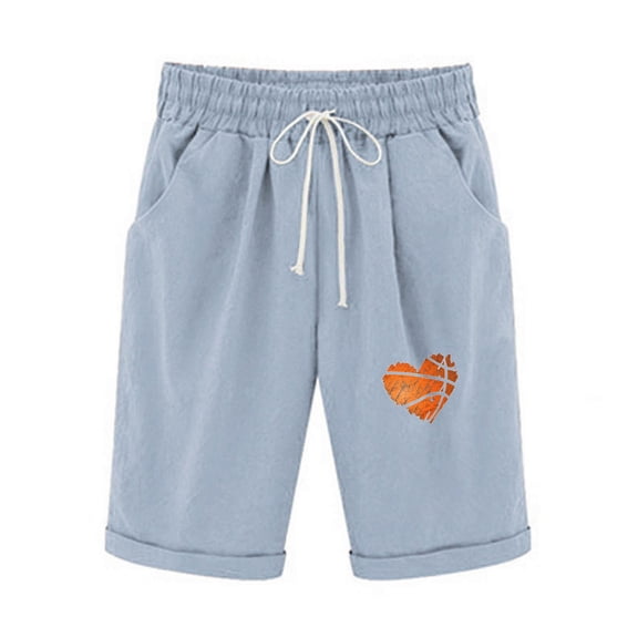 Guluxicc Cotton Linen Shorts for Women Casual Elastic Waist Drawstring Graphic Print Shorts with Pockets, XL