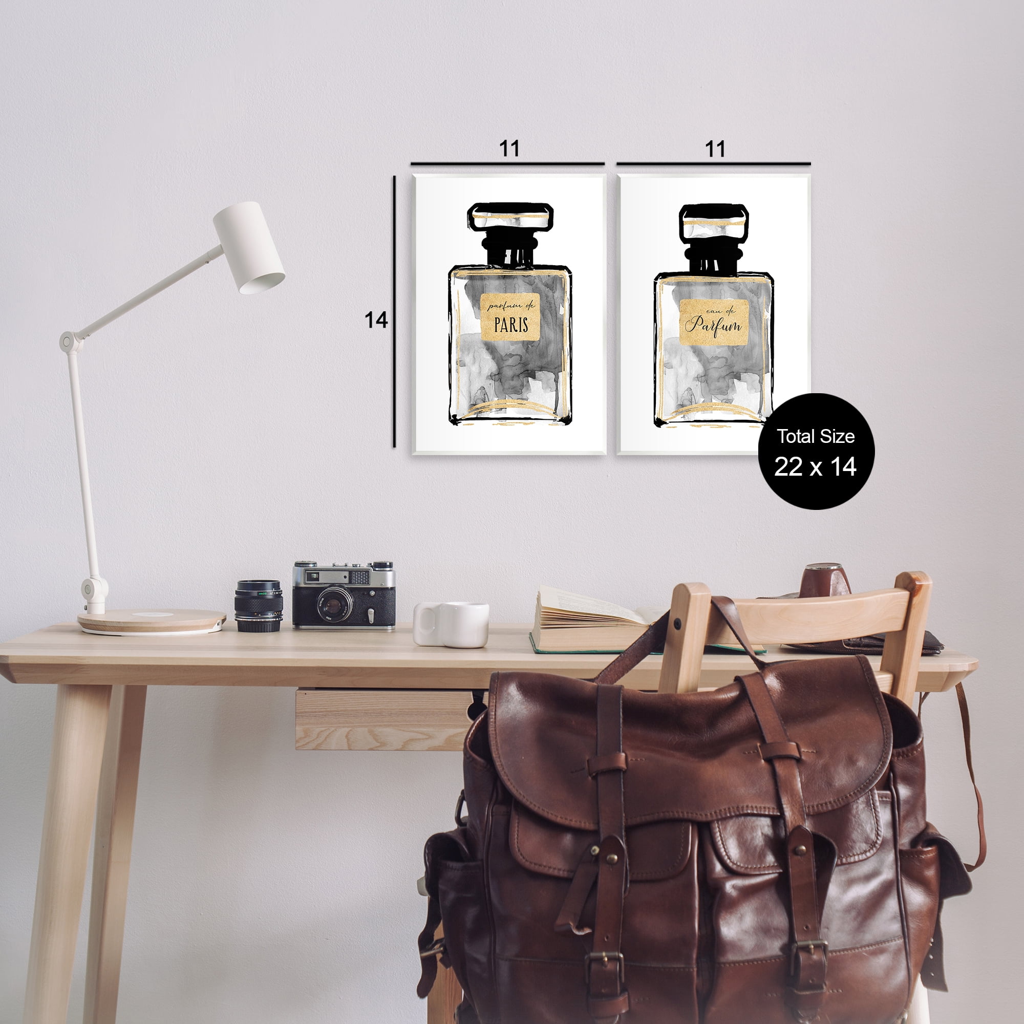 Stupell Industries Gray Gold Parfum Bottle Fashion Painting Unframed Art Print Wall Art, 11 x 14, Set of 2