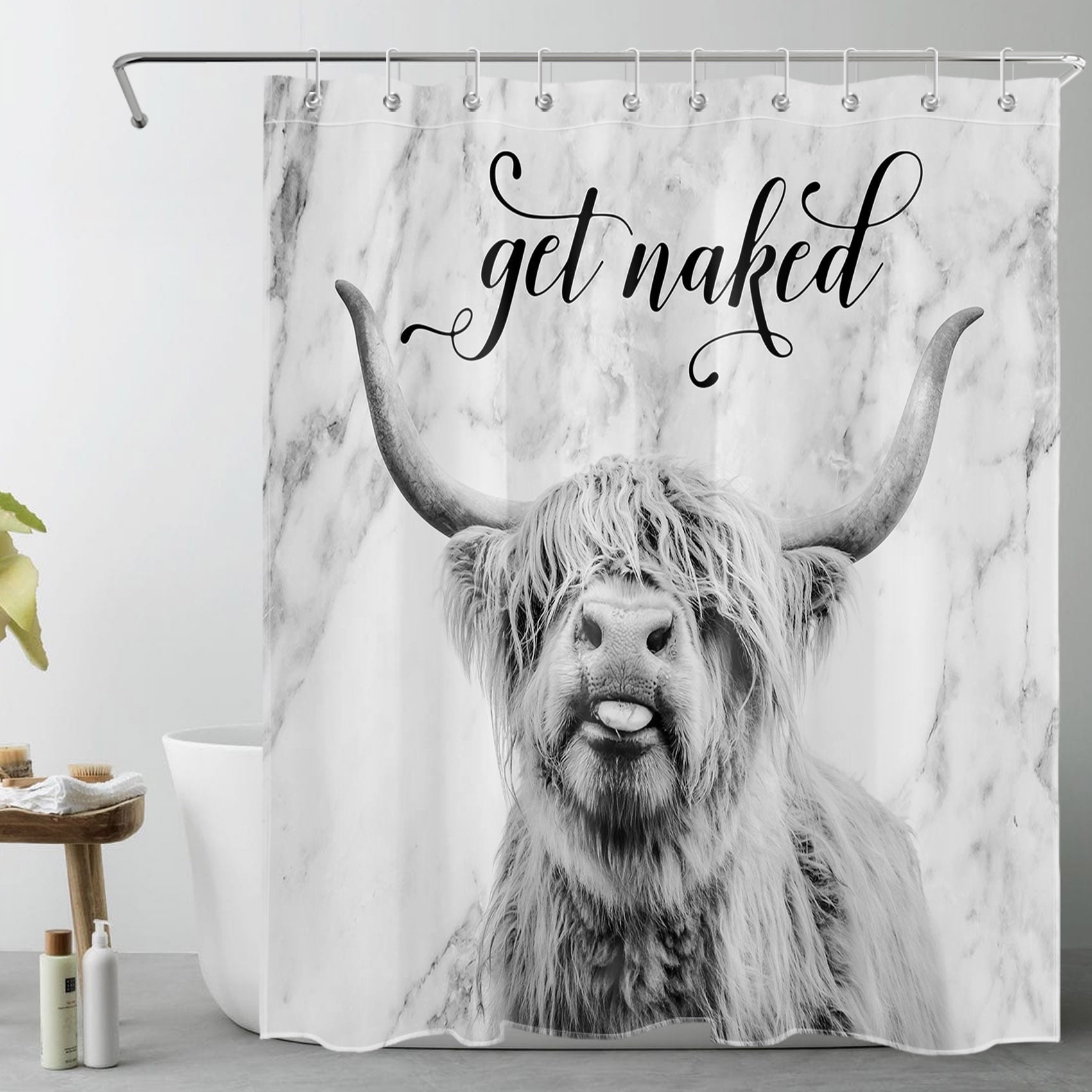 HVEST Highland Cow Shower Curtain, Funny Farmhouse Western Animal Bull Get Naked Shower Curtain for Bathroom, Modern Abstract Marble Print Polyester Fabric Bath Curtain with Hooks, 60 X 72 Inches