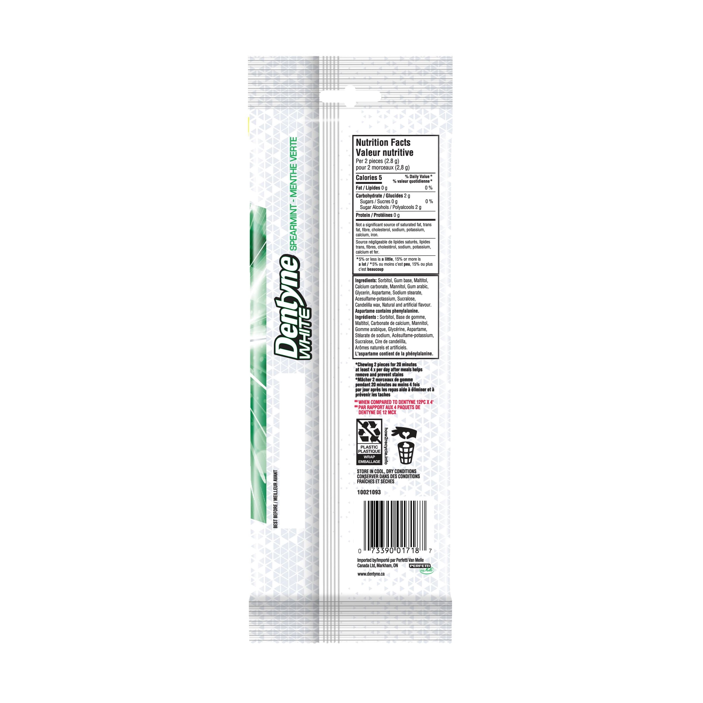 Dentyne White, Gomme sans sucre menthe verte, paquet de 4 (64 pièces)