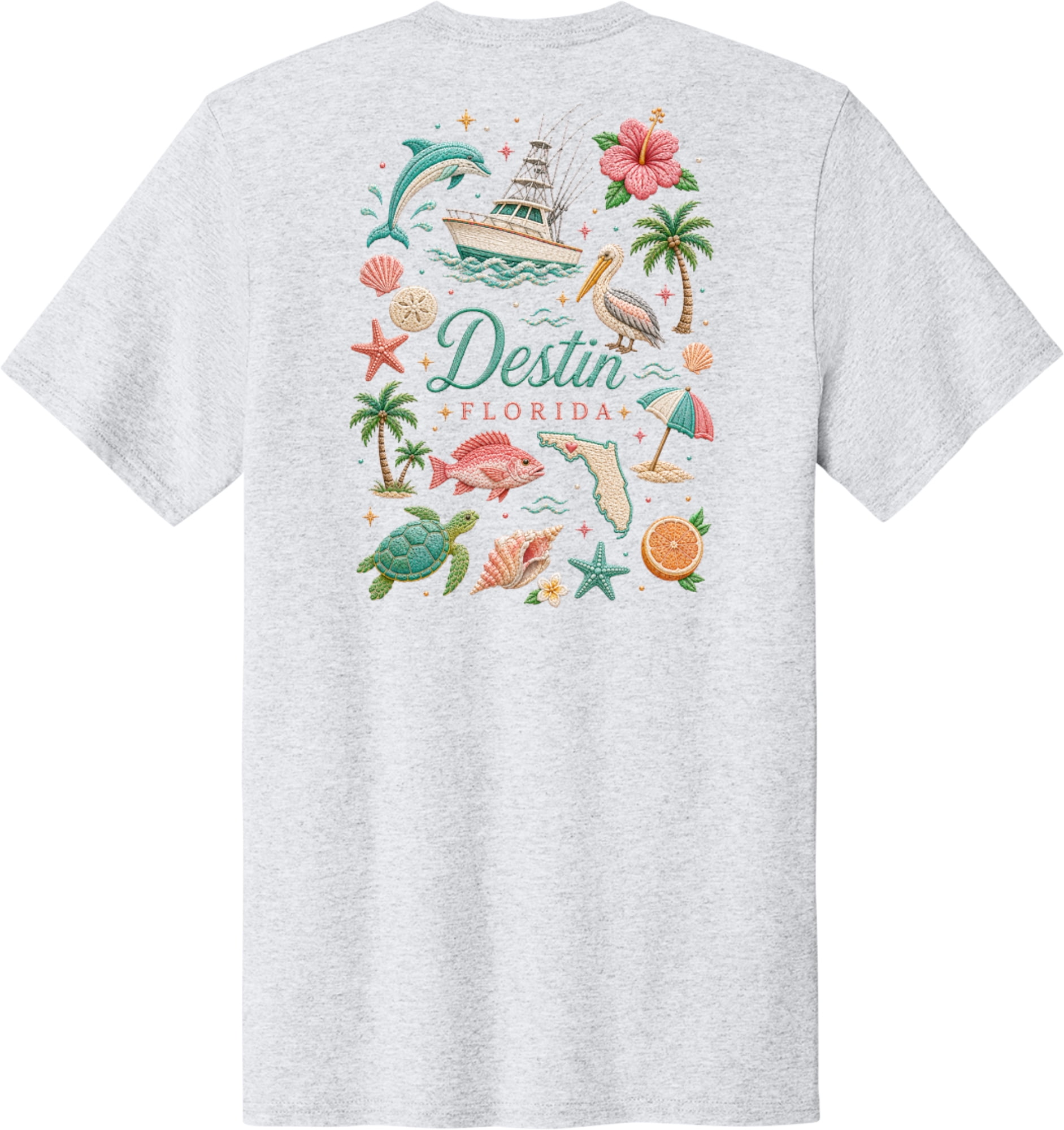 Destin Faux Embroidery Front and Back Printed Short Sleeve T-Shirt