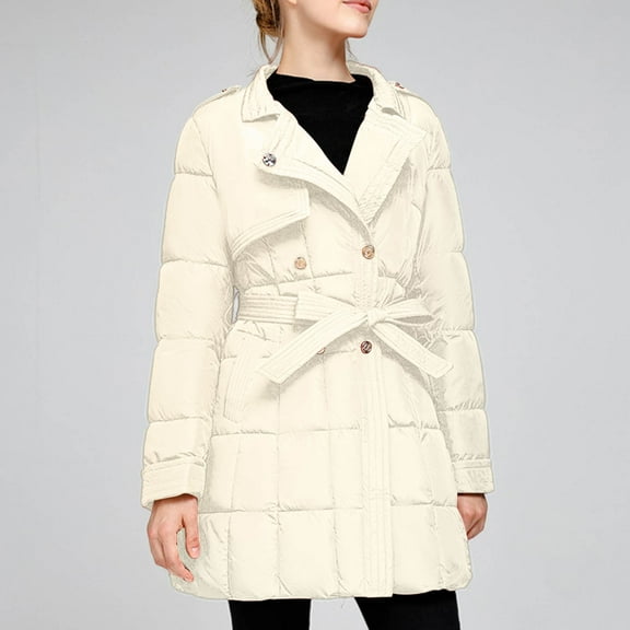 QUNYINEY Women's Jackets Full Zip Beige Puffer Winter Outerwear with Belt Long Sleeve Loose Fit Collar Women Coat