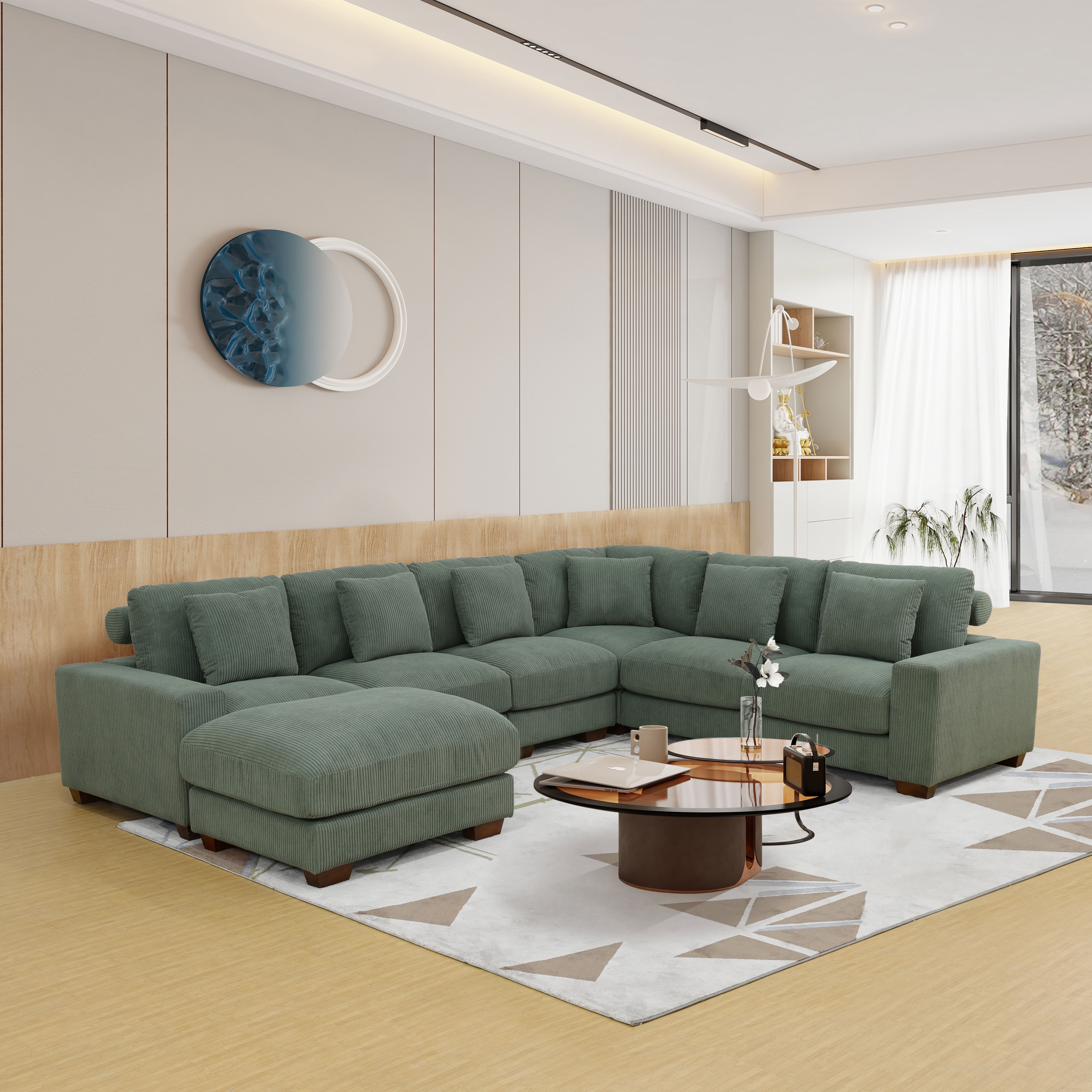 MAYEERTY Modular Sectional Sofa, Flocking Fabric Couch with Ottoman & Anti-Insect Frame, Green Living Room Furniture
