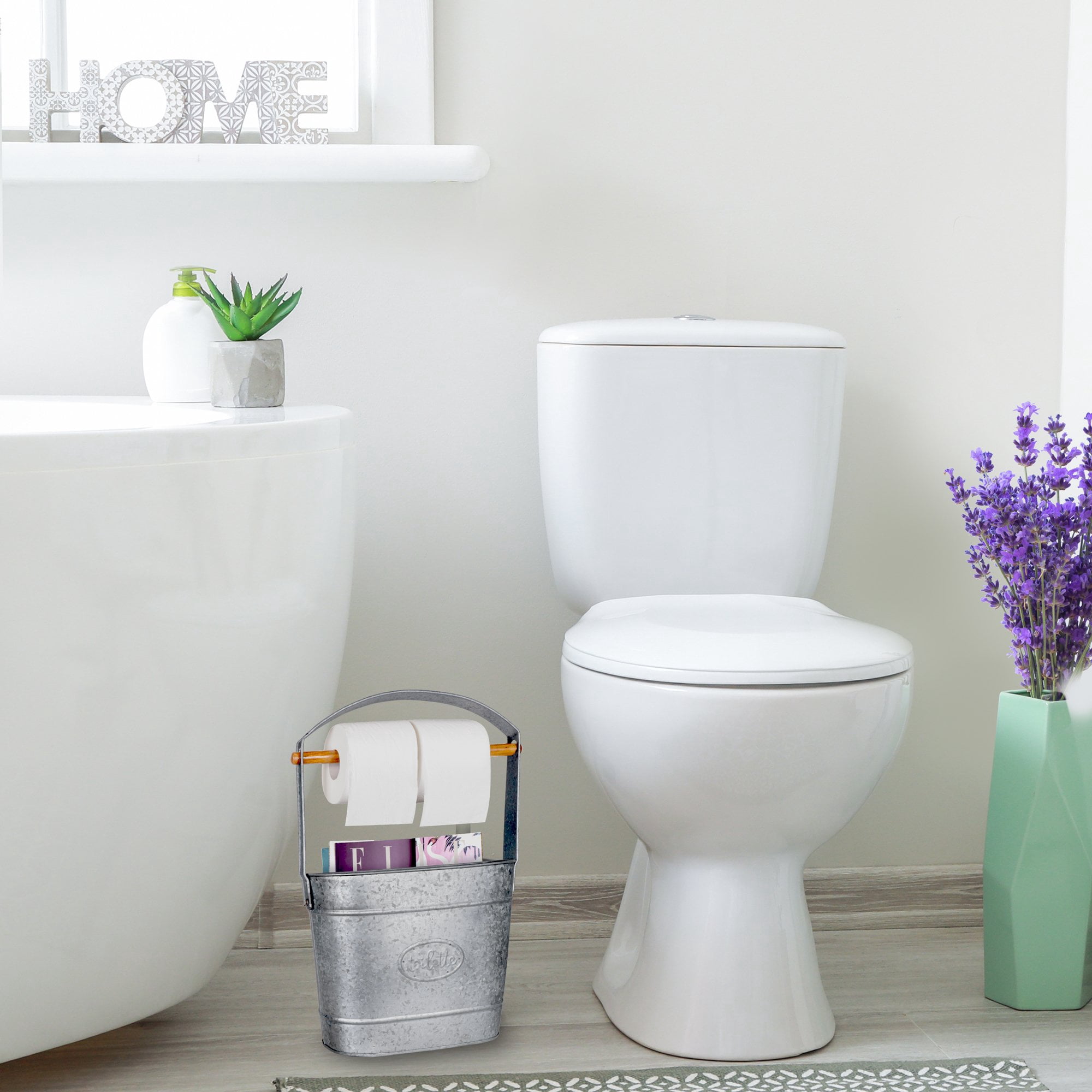 Autumn Alley Galavnized Standing Toilet Paper Holder with Bucket Extra Roll Storage