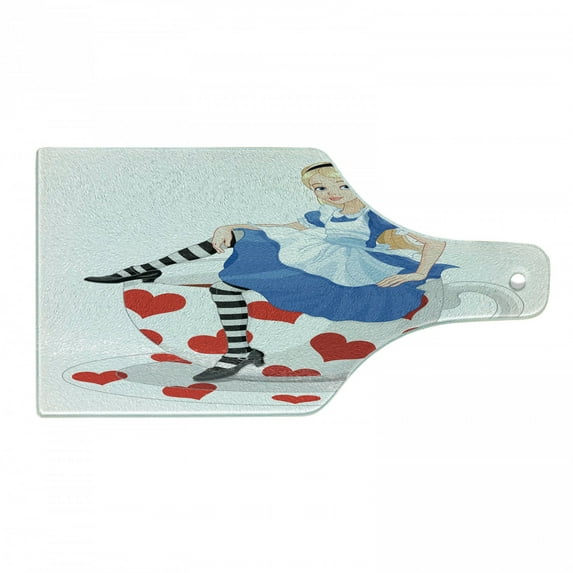 Alice in Wonderland Cutting Board, Girl Sitting on a Tea Cup Heart Shape Character Fantasy Tale, Decorative Tempered Glass Cutting and Serving Board, Wine Bottle Shape, Multicolor, by Ambesonne