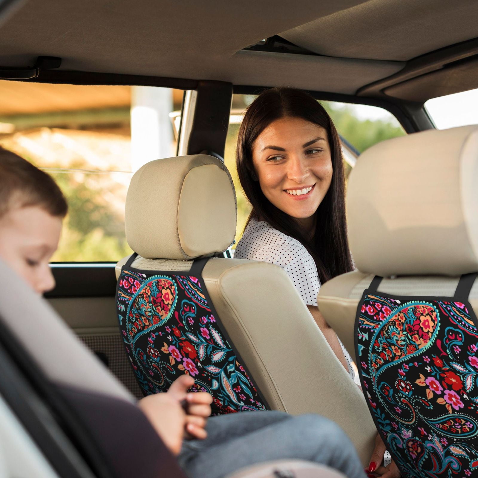 Xecao Paisley Pattern Car Seat Back Protector 2 Pack Large Capacity Pocket, Kick Mats Back Seat Protector