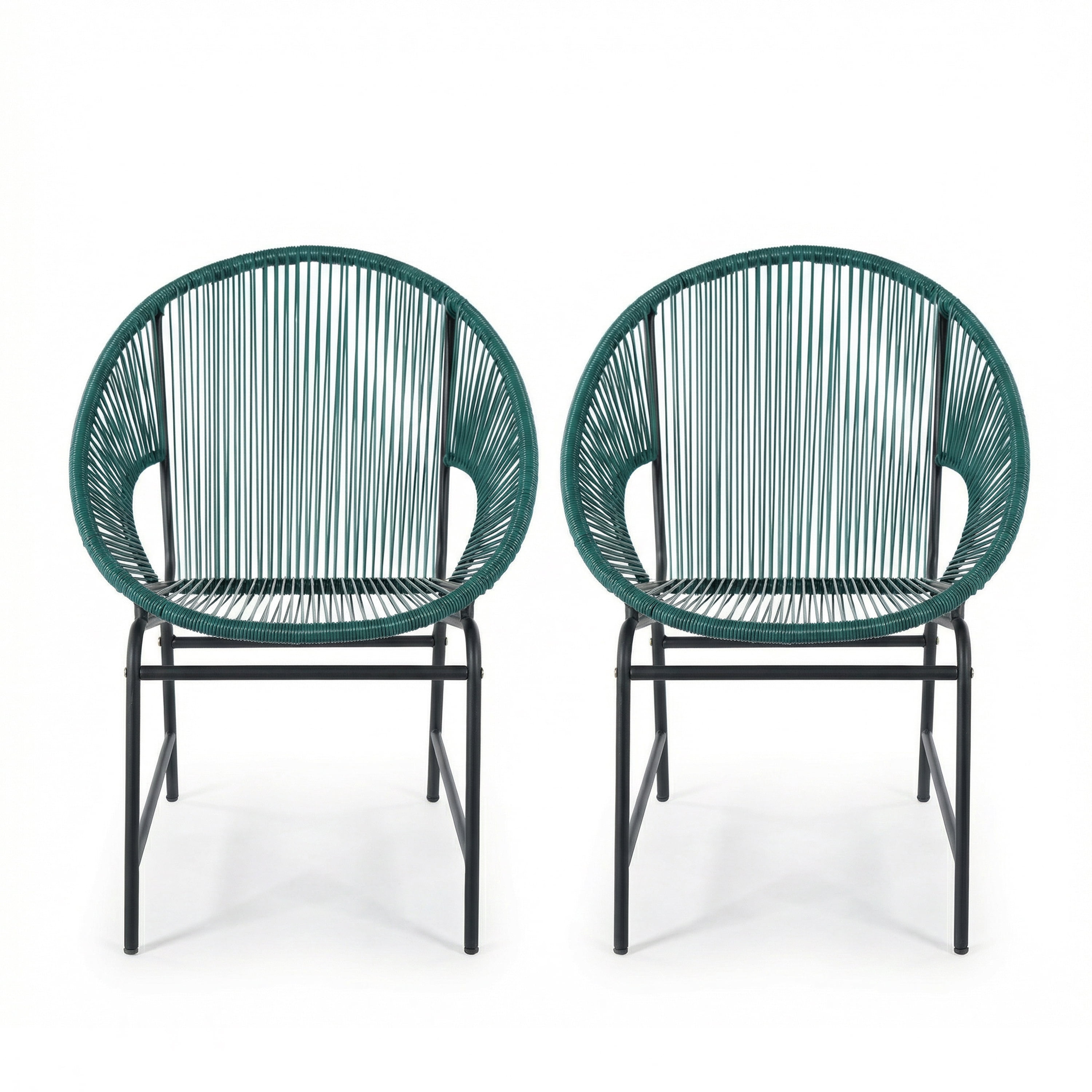 Modern Outdoor Woven Basket Club Chairs with PP Rattan and Iron Frame, Teal, Set of 2