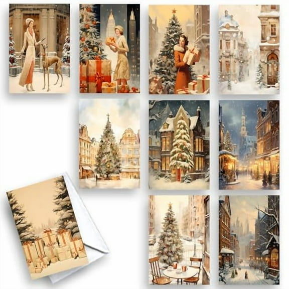 Vintage City Scenes Christmas Note Greeting Cards | 10 Pack Assortment Bulk Variety Set (4x6)