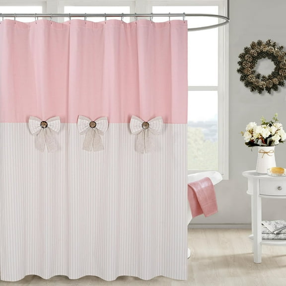 Farmhouse Pink Shower Curtain,Bowknot,Cotton Blend Fabric,Pleated Pink Stripe,Country Style,72x72 in