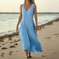 thumbnail image 2 of SMihono Linen Casual Dresses for Women Flowy V Neck Short Sleeve 2025 Maxi Dress Lightweight Summer Beach Vacation Clothes Light Blue S, 2 of 7