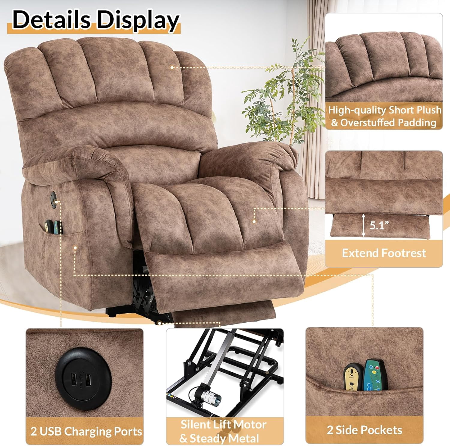 Large Electric Power Lift Chairs Recliners for Elderly Big Man with Massage and Heat, Oversized Wide Reclining Chairs for Living Room with Extended Footrest(Plush-Brown)