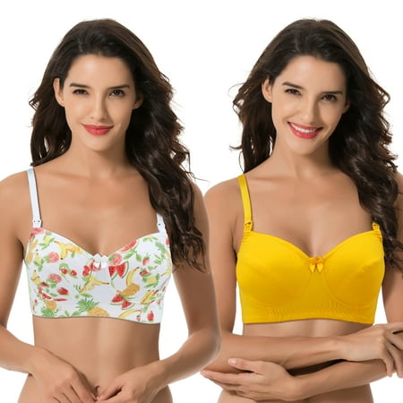 

Curve Muse Women s Plus Size Maternity Nursing Cotton Wirefree Bra- 2 Pack-WHITE W PRINT YELLOW-36D