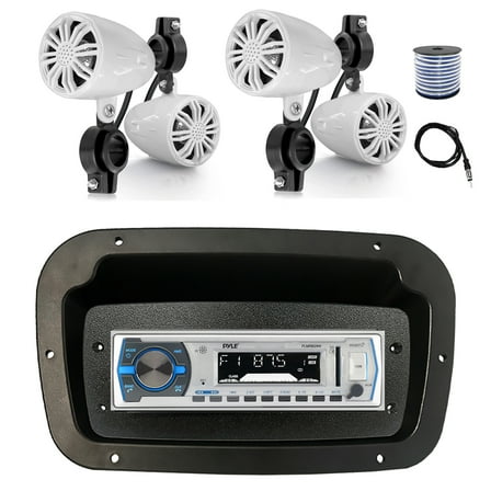 Pyle PLMRB29W Single DIN Bluetooth Marine MP3 Stereo Receiver, Spa bezel, Adapter Plate, 22" Radio Antenna, Wire, 4x 2.25" 10W Max Full Range Waterproof Off-Road Audio Speakers (White)