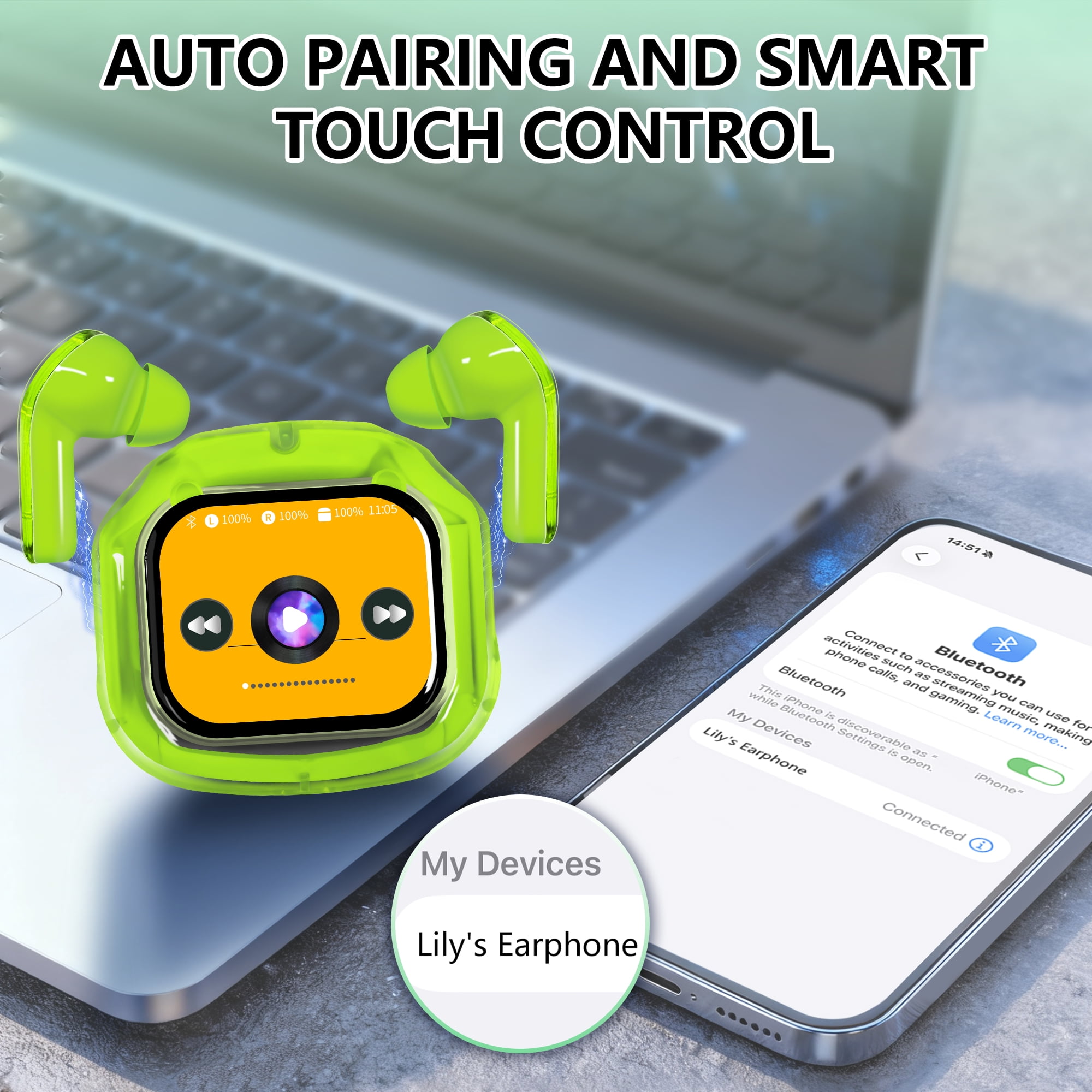 ENC Wireless Bluetooth Earphone, Smart Touch Screen Headphone, 24h Playtime for Sports & Working, Stereo Sound Headphone for iOS/Android/Windows, Green