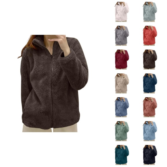 Sherpa Jacket Women 2026 Trendy Thick Warm Long Sleeve Stand Collar Full Zip Up Winter Coat Outerwear