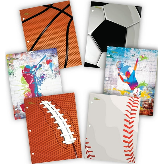 New Generation - Sport - 2 Pocket Folders , Fashion School Folders with Two Pockets and 3 Hole Punched , Heavy Duty and Glossy Laminated Finish ,6 Assorted Designs Size 12" x 9.25" (6 Pack )