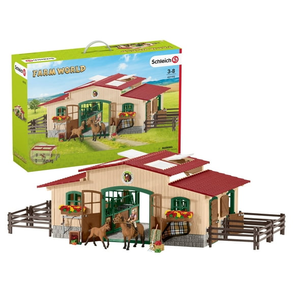 Schleich Farm World Stable Horse Toy Playset with 2 Horses & Rider Doll, 48 Pieces, Realistic Hand-Painted, 15" Tall X 32" Wide, Kids Toys Gift for Ages 3