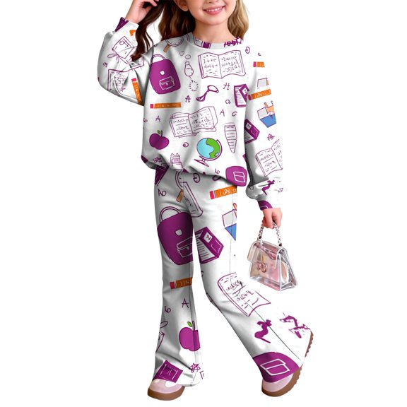 Grblisyd First Day of School Outfits for Girls Cute Stationery Print Crew Neck Long Sleeve Top and Flared Leg Pants Fall Clothing Set