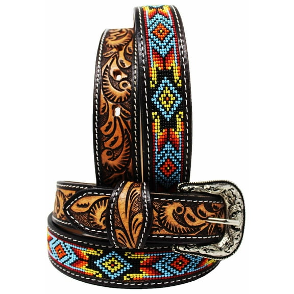 31-32   Kids Youth Western Rodeo Floral Tooled Beaded Leather Belt 26RT23C