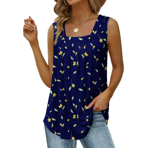 Wycnly Womens Tank Tops Lightweight Loose Pleated Swing Tunic Tee Tops Summer Fashion Feather Print Square Neck Sleeveless Shirts Blouse Navy l
