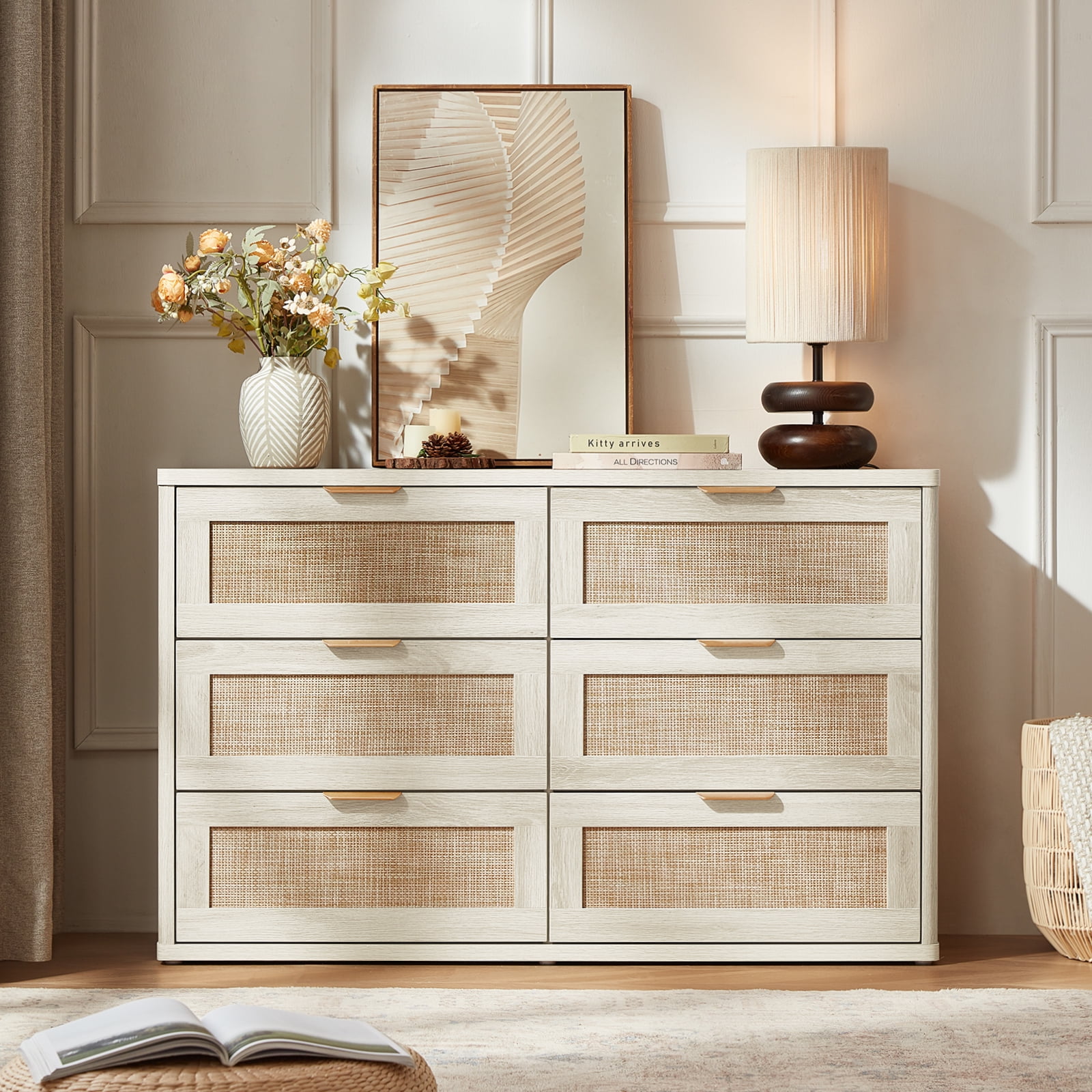 LELELINKY White Dresser,6 Drawer Dresser for bedroom, Boho Wood Storage Cabinet for Living Room