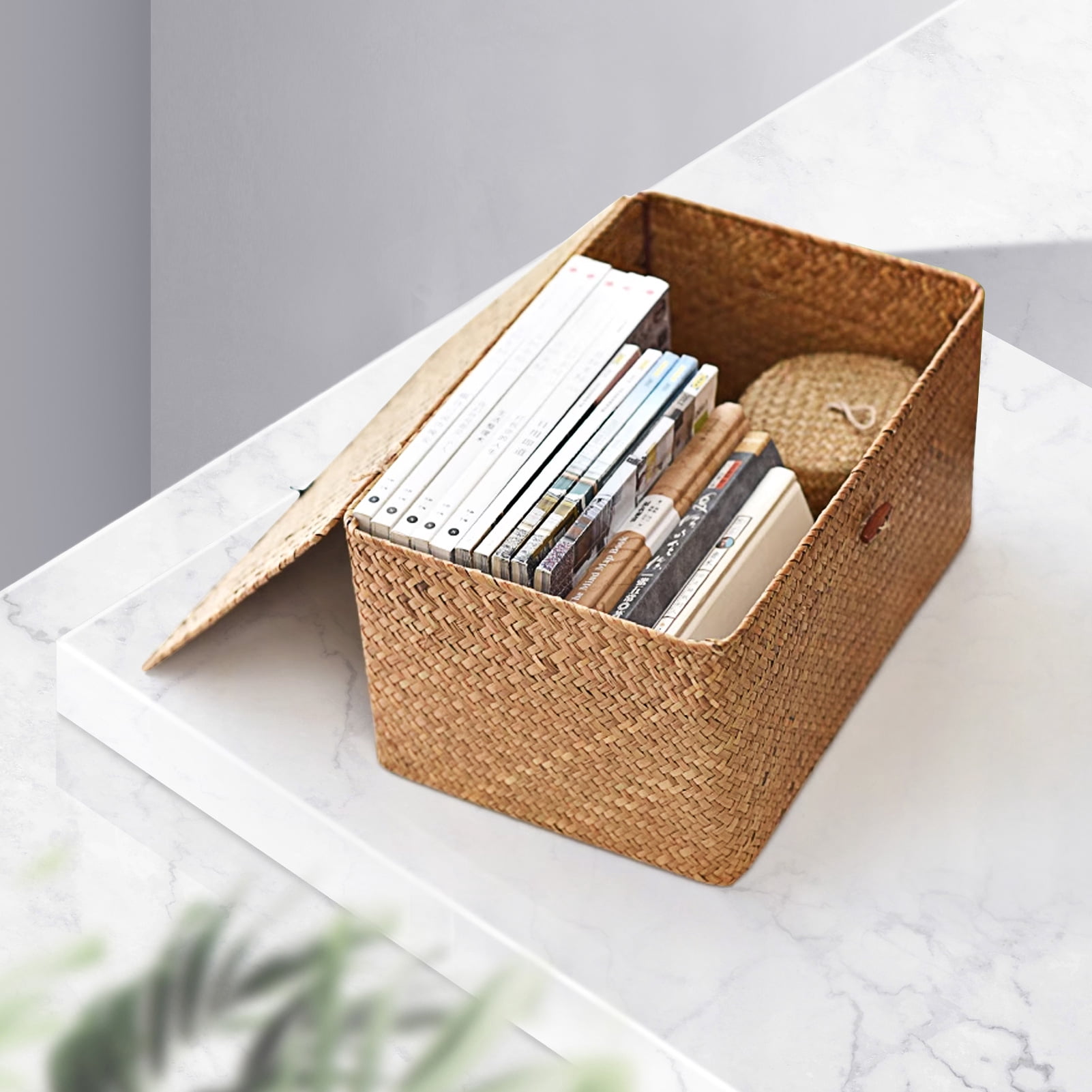 Seagrass Storage Basket, Simple Large Capacity Dustproof Soft Woven Rectangular Basket Bins With Lid For Bathroom L