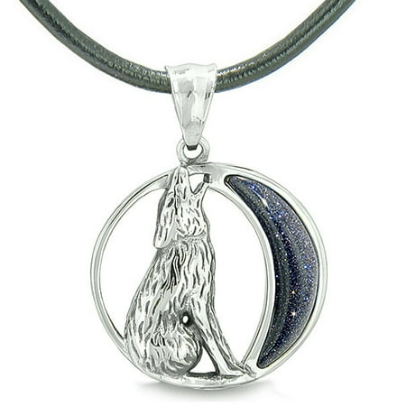Goldstone Pendant Necklace - Amulet Howling Wolf Wild Moon Spiritual Powers Blue Goldstone Leather Pendant Necklace