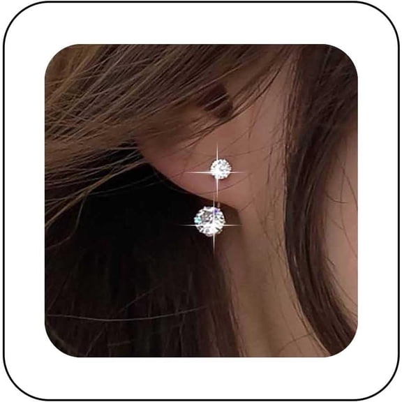 Boho Crystal Ear Jacket Earrings Silver Gemstone Stud Earrings Sparkling Cz Earrings Double Rhinestone Earrings Cz Front Back Earrings Jewelry for Women