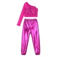 thumbnail image 3 of TiaoBug Kids Girls Sequins Hip Hop Jazz Ballet Dance Outfits One Shoulder Long Sleeve Crop Top with Metallic Pants Set Hot Pink 16, 3 of 7