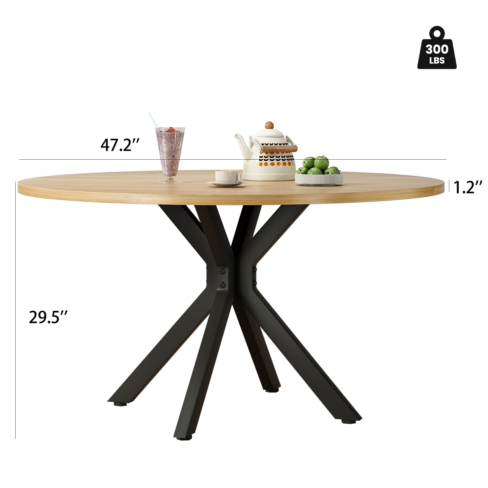 MAYEERTY 47"Round Modern Dining Table Fits 4-6, Farmhouse Style,Metal Frame for Kitchen/Dining Room, Nature