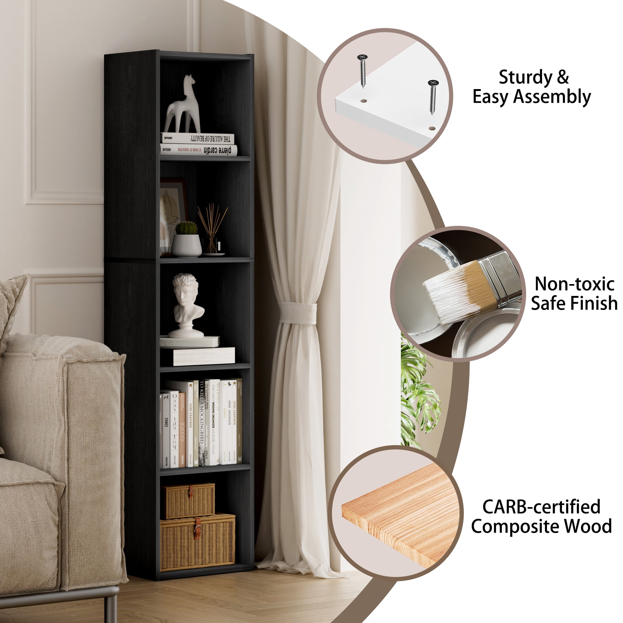HOMLUX 9" x 12" x 52" Storage Shelf 5 Tier Cube Bookcase, Suitable for Small Space, Black