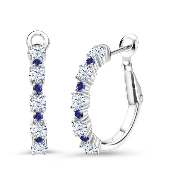 Gem Stone King 925 Sterling Silver Women Hoop Earrings White Created Sapphire Blue Created Sapphire (1.66 Cttw, Round Cut, 3/7 inch Diameter)